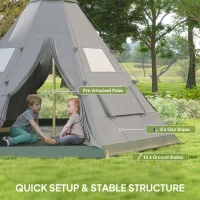 Outsunny 6 People Camping in a Family Teepee Tent with Mesh Windows, Tent Floor, Door and Carry Bag for Hiking, Picnic, Grey(m-7)