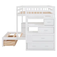 Full Over Twin Bunk Bed with Desk, Drawers and Shelves, Integrated Study Space, Space-Saving Design, 98" L x 80" W x 64.5" H, White(m-13)