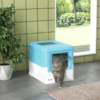 PawHut Top Entry Enclosed Kitty Litter Box with Scoop, Tray, Front Entry, Large Space, Foldable, Portable, Blue(m-1)