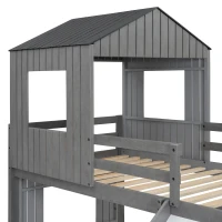 Wooden Twin Over Full Bunk Bed with Playhouse, Farmhouse Style Loft Bed with Ladder, Guardrails, 82" L x 89" W x 82.5" H, Antique Grey(m-9)