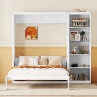 Full Size Murphy Bed with Dual Piston Mechanism, Storage Shelves, Space-Saving Wall Bed with Flexible Slats, 87.5" L x 16" W x 84" H, White(m-4)