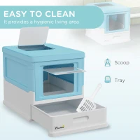 PawHut Top Entry Enclosed Kitty Litter Box with Scoop, Tray, Front Entry, Large Space, Foldable, Portable, Blue(m-4)