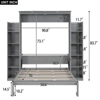 Full Size Murphy Bed with Shelves, LED Lights, Space-Saving Wall Bed with Flexible Slats, Dual Piston Mechanism, 91" L x 81" W x 84" H, Grey(m-3)