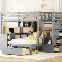 Full Over Twin Bunk Bed with Study Desk, Drawers and Shelves, Space-Saving Design, Ideal for Kids' Room, 98" L x 80" W x 64.5" H, Grey(m-4)