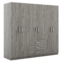 6-Door Wooden Wardrobe with 3 Drawers, MDF Construction, Compact Design, Space-Saving Bedroom Storage, 71" L x 19" W x 68" H, Grey(m-10)