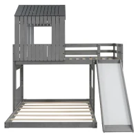 Wooden Twin Over Full Bunk Bed with Playhouse, Farmhouse Style Loft Bed with Ladder, Guardrails, 82" L x 89" W x 82.5" H, Antique Grey(m-2)