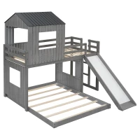 Wooden Twin Over Full Bunk Bed with Playhouse, Farmhouse Style Loft Bed with Ladder, Guardrails, 82" L x 89" W x 82.5" H, Antique Grey(m-5)