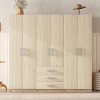 6-Door Wooden Wardrobe with 3 Drawers, MDF Construction, Silver Handles, Space-Saving Bedroom Storage, 71" L x 19" W x 68" H, Natural(m-4)