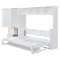 Queen Size Murphy Bed with Side Flip, Closet and Drawers, Space-saving Wall Bed with Integrated Storage, 112" L x 21.5" W x 78.5" H, White(m-13)