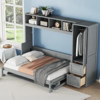 Full Size Murphy Bed with Closet and Drawers, Space-Saving Design and Integrated Storage, 107.5" L x 58" W x 72" H, Grey(m-1)