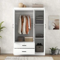 3-Door Wardrobe with 2 Drawers and MDF Construction, Modern Design with Shelves and Hanging Rail, 41.5" L x 18.5" W x 68" H, White(m-1)