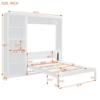 Full Size Murphy Bed with Dual Piston Mechanism, Storage Shelves, Space-Saving Wall Bed with Flexible Slats, 87.5" L x 16" W x 84" H, White(m-3)