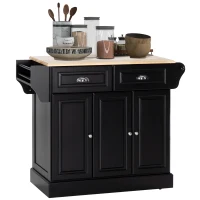 HOMCOM Triple-Cabinet Kitchen Island on Wheels, Kitchen Storage Cabinet with Drawers, Rolling Utility Cart Black(m-1)