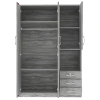 2-Door Wooden Wardrobe with Shelves and 3 Drawers, Built-in Hanging Rod, Safe and Stable Design, 47" L x 20" W x 69" H, Grey(m-7)