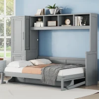 Full Size Murphy Bed with Closet and Drawers, Space-Saving Design and Integrated Storage, 107.5" L x 58" W x 72" H, Grey(m-4)