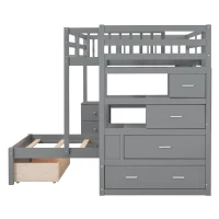 Full Over Twin Bunk Bed with Study Desk, Drawers and Shelves, Space-Saving Design, Ideal for Kids' Room, 98" L x 80" W x 64.5" H, Grey(m-14)