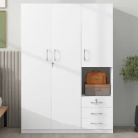 2-Door Wooden Wardrobe with Shelves and 3 Drawers, Built-in Hanging Rod and Lockable Drawer, 47" L x 20" W x 69" H, White(m-1)