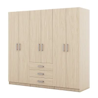 6-Door Wooden Wardrobe with 3 Drawers, MDF Construction, Silver Handles, Space-Saving Bedroom Storage, 71" L x 19" W x 68" H, Natural(m-9)