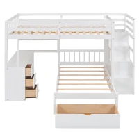 Full Over Twin Bunk Bed with Desk, Drawers and Shelves, Integrated Study Space, Space-Saving Design, 98" L x 80" W x 64.5" H, White(m-15)