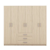 6-Door Wooden Wardrobe with 3 Drawers, MDF Construction, Silver Handles, Space-Saving Bedroom Storage, 71" L x 19" W x 68" H, Natural(m-2)