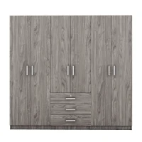 6-Door Wooden Wardrobe with 3 Drawers, MDF Construction, Compact Design, Space-Saving Bedroom Storage, 71" L x 19" W x 68" H, Grey(m-2)