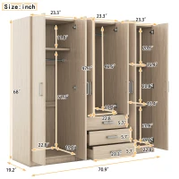 6-Door Wooden Wardrobe with 3 Drawers, MDF Construction, Silver Handles, Space-Saving Bedroom Storage, 71" L x 19" W x 68" H, Natural(m-3)