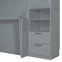 Modern Queen Size Murphy Bed with Closet, Drawers and Shelves, Space-saving Wall Bed with Integrated Storage, 114" L x 17" W x 87" H, Grey(m-12)