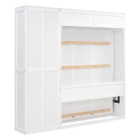 Full Size Murphy Bed with Dual Piston Mechanism, Storage Shelves, Space-Saving Wall Bed with Flexible Slats, 87.5" L x 16" W x 84" H, White(m-10)