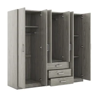 6-Door Wooden Wardrobe with 3 Drawers, MDF Construction, Compact Design, Space-Saving Bedroom Storage, 71" L x 19" W x 68" H, Grey(m-8)
