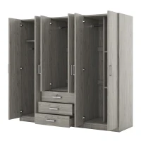 6-Door Wooden Wardrobe with 3 Drawers, MDF Construction, Compact Design, Space-Saving Bedroom Storage, 71" L x 19" W x 68" H, Grey(m-7)