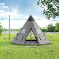 Outsunny 6 People Camping in a Family Teepee Tent with Mesh Windows, Tent Floor, Door and Carry Bag for Hiking, Picnic, Grey(m-3)