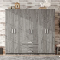 6-Door Wooden Wardrobe with 3 Drawers, MDF Construction, Compact Design, Space-Saving Bedroom Storage, 71" L x 19" W x 68" H, Grey(m-1)