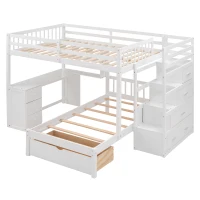 Full Over Twin Bunk Bed with Desk, Drawers and Shelves, Integrated Study Space, Space-Saving Design, 98" L x 80" W x 64.5" H, White(m-5)