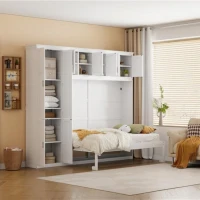 Queen Size Murphy Bed with Cabinets, Space-saving Design and Integrated Storage, Easy assembly, 117.5" L x 16" W x 88" H, White(m-1)
