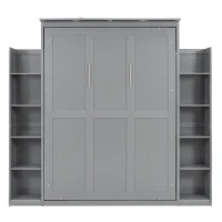 Full Size Murphy Bed with Shelves, LED Lights, Space-Saving Wall Bed with Flexible Slats, Dual Piston Mechanism, 91" L x 81" W x 84" H, Grey(m-5)
