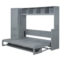 Full Size Murphy Bed with Closet and Drawers, Space-Saving Design and Integrated Storage, 107.5" L x 58" W x 72" H, Grey(m-12)