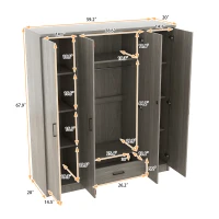 4-Door Wardrobe with Hanging Rail, Locking Drawer, Black Handles, MDF Construction, Ideal for Small Bedrooms, 59" L x 20" W x 68" H, Grey(m-3)