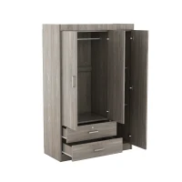 3-Door Wardrobe with 2 Drawers and MDF Construction, Modern Design with Hanging Rail and Shelves, 41.5" L x 18.5" W x 68" H, Grey(m-10)