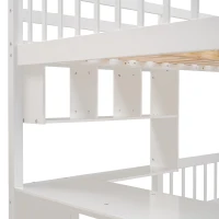 Full Over Twin Bunk Bed with Desk, Drawers and Shelves, Integrated Study Space, Space-Saving Design, 98" L x 80" W x 64.5" H, White(m-10)