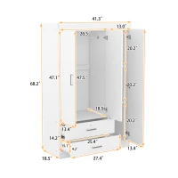 3-Door Wardrobe with 2 Drawers and MDF Construction, Modern Design with Shelves and Hanging Rail, 41.5" L x 18.5" W x 68" H, White(m-3)