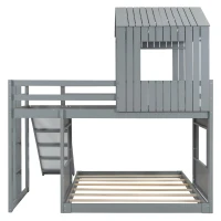Wooden Twin Over Full Bunk Bed with Playhouse, Farmhouse Loft Bed with Ladder, Slide and Guardrails, 82" L x 89" W x 82.5" H, Grey(m-8)