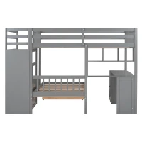 Full Over Twin Bunk Bed with Study Desk, Drawers and Shelves, Space-Saving Design, Ideal for Kids' Room, 98" L x 80" W x 64.5" H, Grey(m-12)
