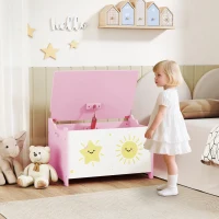 Qaba Toy Chest, Kids Storage Chest with Lid, Safety Hinges and Groove Handles for Boys, Girls, Pink(m-8)