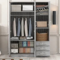 2-Door Wooden Wardrobe with Shelves and 3 Drawers, Built-in Hanging Rod, Safe and Stable Design, 47" L x 20" W x 69" H, Grey(m-4)