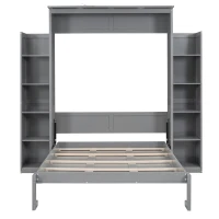 Full Size Murphy Bed with Shelves, LED Lights, Space-Saving Wall Bed with Flexible Slats, Dual Piston Mechanism, 91" L x 81" W x 84" H, Grey(m-2)