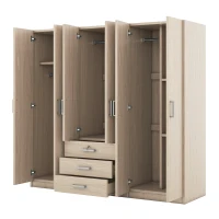 6-Door Wooden Wardrobe with 3 Drawers, MDF Construction, Silver Handles, Space-Saving Bedroom Storage, 71" L x 19" W x 68" H, Natural(m-6)