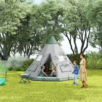 Outsunny 6 People Camping in a Family Teepee Tent with Mesh Windows, Tent Floor, Door and Carry Bag for Hiking, Picnic, Grey(m-8)