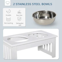 PawHut Deluxe Double Pet Dog Bowl Feeding Station Wooden Stand Pet Feeder Elevated Base Twin Bowls Stainless Steel, White(m-5)