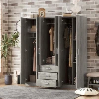 6-Door Wooden Wardrobe with 3 Drawers, MDF Construction, Compact Design, Space-Saving Bedroom Storage, 71" L x 19" W x 68" H, Grey(m-5)