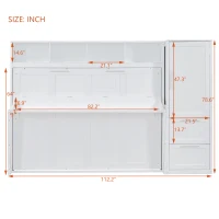 Queen Size Murphy Bed with Side Flip, Closet and Drawers, Space-saving Wall Bed with Integrated Storage, 112" L x 21.5" W x 78.5" H, White(m-14)